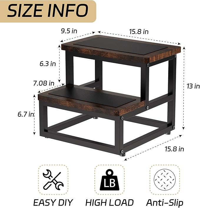 Step Stool, Multi Purpose Step Stools for Kids Adults, Round Corner Bed Step Stools for High Beds, Dog Steps Portable Stepping Stool for Bedroom Kitchen, Load 500 LB, Rustic