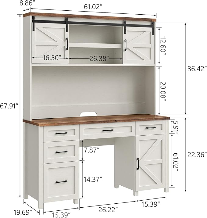 67''H Farmhouse Executive Desk with Hutch & 5 Drawers, Rustic Office Desks Computer Desks with Charging Station, File Drawers and Storage Cabinets, Wood Workspace for Home Office,Unique White.