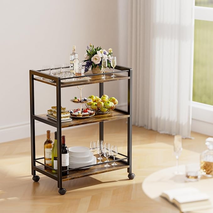HITNET Bar Cart for The Home, Home Bar Serving Cart with Wheels and Storage Shelves, 3 Tier Rolling Liquor Beverage Cart for Kitchen Dining Living Room, Rustic Brown and Black