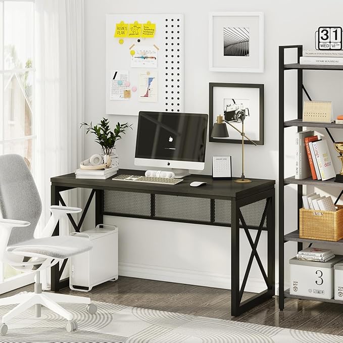 BON AUGURE Black Desk, Wood Computer Desk, Industrial Office Desks, Sturdy Writing Desks for Bedroom, Home Office, Living Room Study Workstation (Black, 54 Inch)