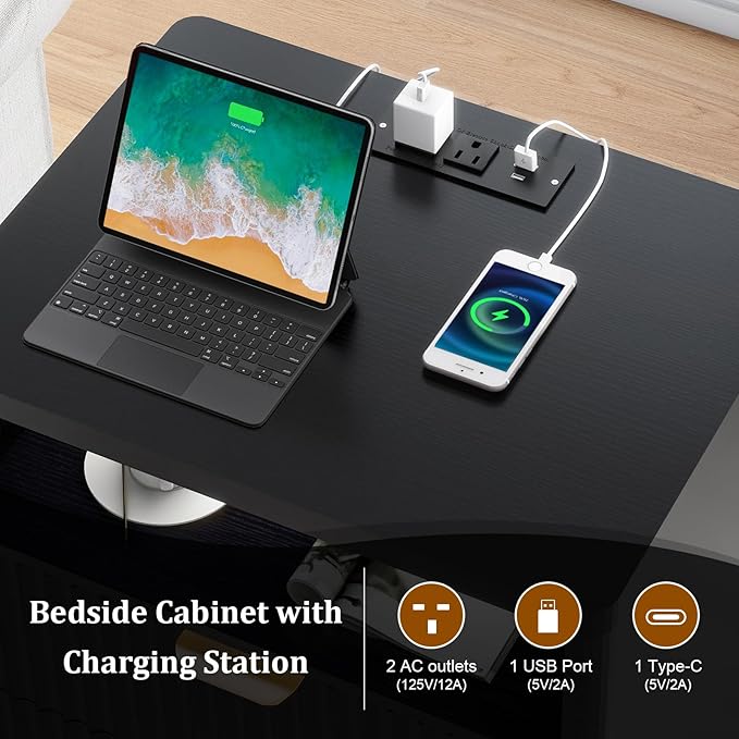 Fluted Nightstand Set of 2 with Charging Station, 19.7 inch Wide End Table with 2 Drawers, Modern Wood Bedside Table for Bedroom, Black