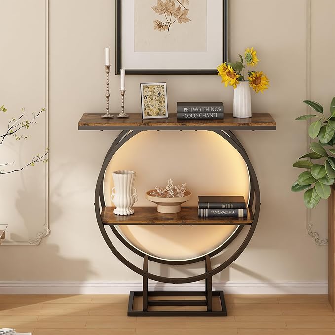 Console Tables, Entryway Table with Motion Sensor Light, 30" Height Behind Couch Sofa Table, Industrial Furniture, Hallway Table for Living Room, Entrance, O-Shaped Metal Frame, Rustic Brown