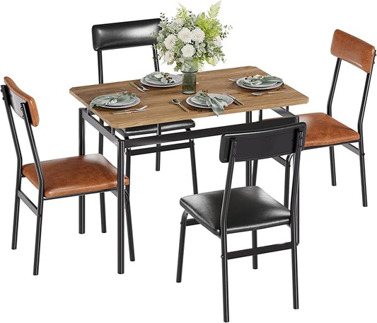 5 Piece Dining Room Table Set, Kitchen Table Set for 4 with Brown Wooden Grain Kitchen Table and 4 PU Upholstered Metal Chairs, Dining Room Set for Small Space,Home Dinner(2 Black & 2 Brown Chairs )