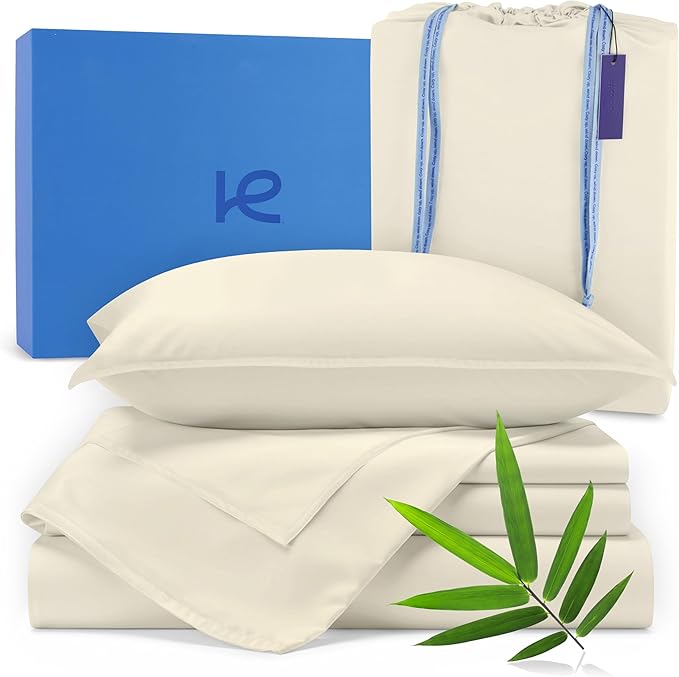 Kickoff Viscose Bamboo Sheets California King Size 4-pc 100% Organic Bamboo Viscose Bed Cooling Sheets Cal King Set Cool Bedding for hot Sleepers Sheet, Flat, Fitted, Pillowcases (Buttercream, CK)