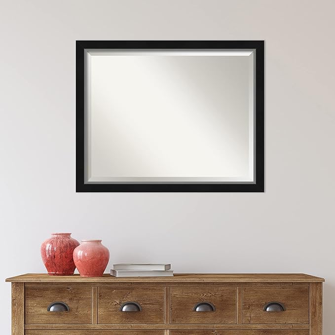 Amanti Art Black Bathroom Mirror for Over Sink, 25x31 Eva Black Silver Narrow Rectangle Vanity Mirror, Large Modern Contemporary Frame, Hangs Horizonally and Vertically, Bathroom Wall Decor, Beveled