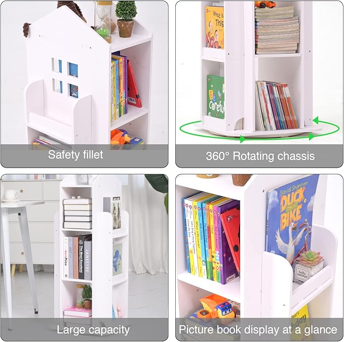 Rotating Bookshelf, 360 Display 3 Tier Floor Standing Bookcase Storage Rack, Kids Book Shelf Organizer, Small Corner Bookshelf for Small Space, for Bedroom, Living Room, White