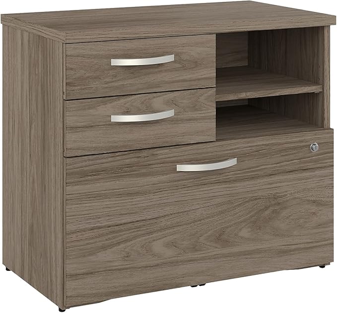 Bush Business Furniture Studio C Office Storage Cabinet with Drawers and Shelves in Modern Hickory, Organization for Home or Professional Workspace