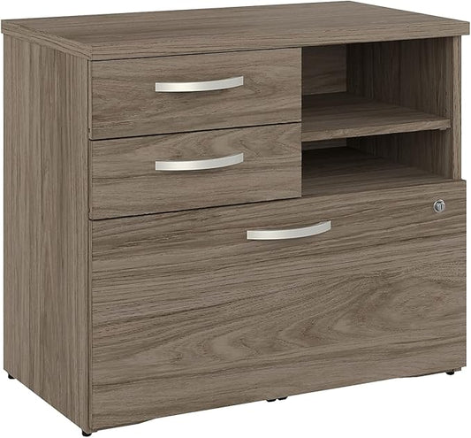 Bush Business Furniture Studio C Office Storage Cabinet with Drawers and Shelves in Modern Hickory, Organization for Home or Professional Workspace
