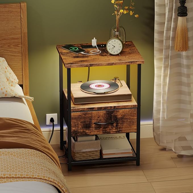 Fixwal Night Stand with Charging Station, LED Nightstand with Fabric Drawers, End Table with PU Finish, Bedside Table, Rustic Brown