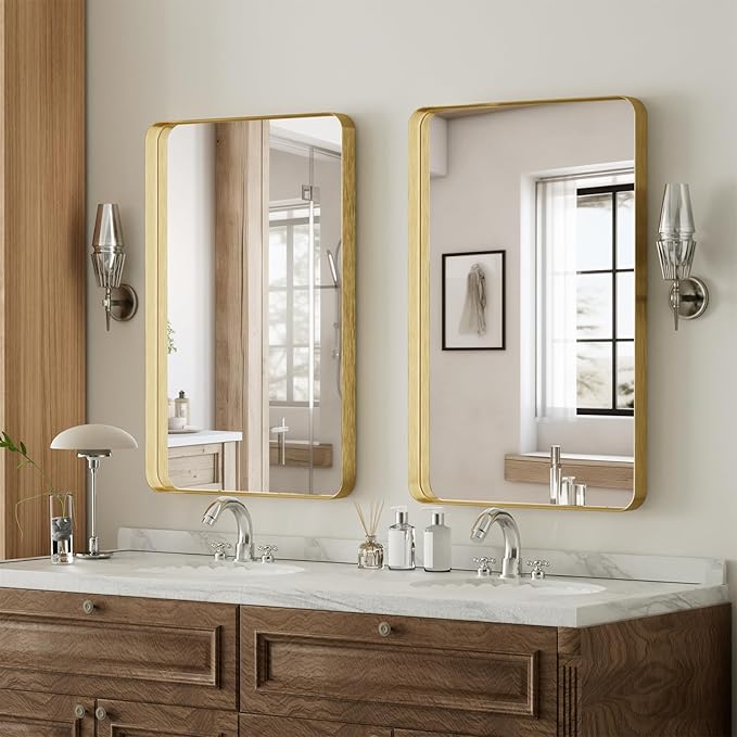 Bathroom Mirror 24x32 inch, Gold Gorgeous Deep Frame Wall Mirror, Modern Round Corner Bathroom Vanity Mirror for Bedroom, Living Room, Hanging or Leaning Horizontal or Vertical, Gold