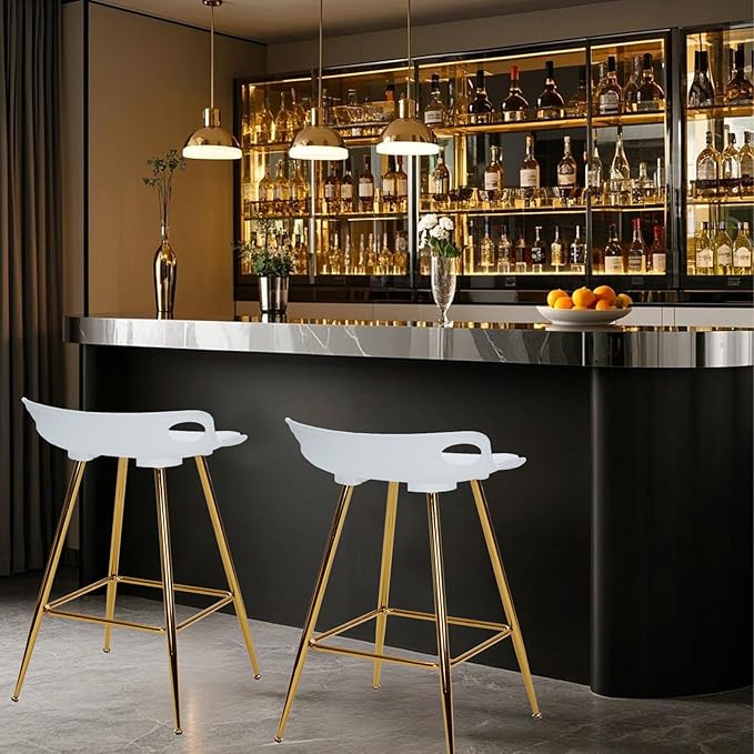 Sidanli Bar Stools Set of 2, Gold Bar Stools, Counter Height Stools with Leather Padded Seats and Footrests, 26 Inch White Barstools for Kitchen Island, Farmhouse or Home Bar