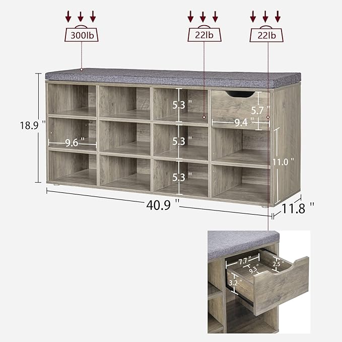DINZI LVJ Shoe Bench, Entryway Storage Bench with Drawer and 11 Cubbies, Cubby Shoe Rack with Adjustable Shelves, Organizer Cabinet for Living Room, Mudroom, Closet and Garage, Gray Wash