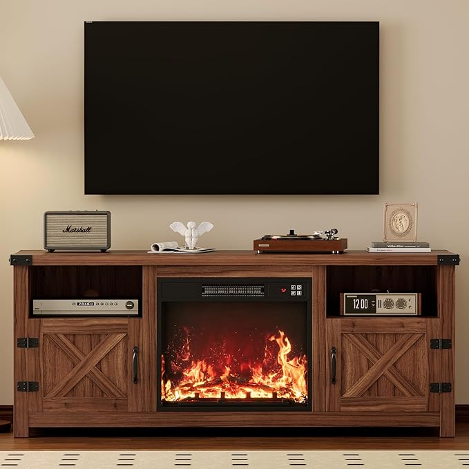 YESHOMY Fireplace TV Stand with Barn Doors and Open Display Shelf, Farmhouse Media Console with Hidden Cable Routing, Entertainment Center for Televisions up to 65+ Inch, Walnut