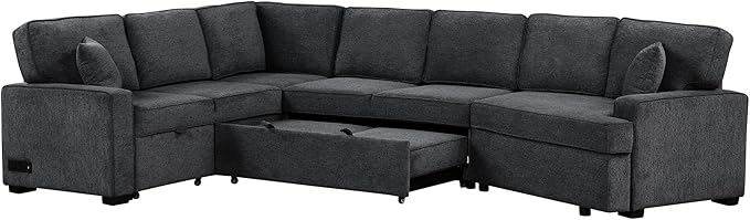 126" Extra Large Pull-Out Sofa Bed with Drop-Down Cup Holder Tables,L-Shaped Sectional Couch W/Charging Device,Convenient Sleeper Furniture Set for LivingRoom Apartment,Beige Chenille