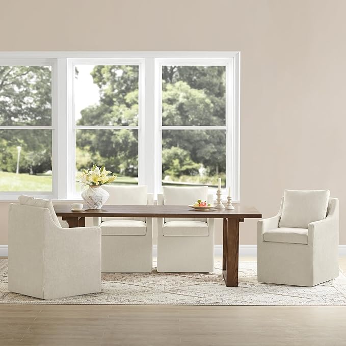 Upholstered Dining Chairs with Casters Washable Cover Side Deskchair with Rollers for Diningroom, Living Room, Cream Beige, 2 Box
