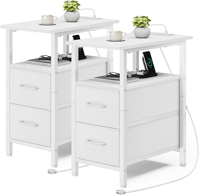 Vagusicc End Table with Charging Station Set of 2, Narrow Side Table, 23.8'' Tall Nightstand with 2 Drawers, Small Sofa Side Table Narrow Nightstand for Small Spaces, Living Room, Bedroom, White