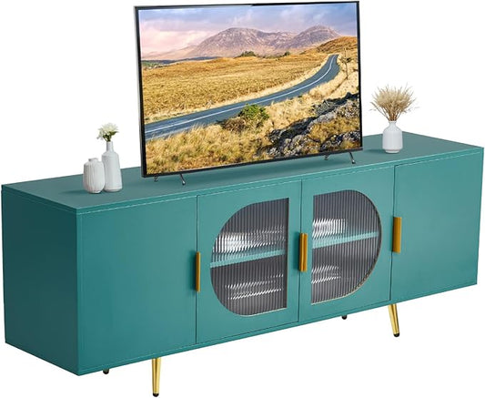 VEVOR TV Stand for TVs up to 75 inch, Modern Entertainment Center with Glass Doors and Gold Legs, TV Cabinet Storage with Adjustable Shelves, Media Console Table for Living Room and Bedroom, Green