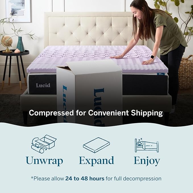 Lucid Lavender-Infused Mattress Topper - Memory Foam - 2 Inch - California King Size - Plush Feel - 5 Convoluted Zones - CertiPUR Certified - New Home Owner & Dorm Room Essentials