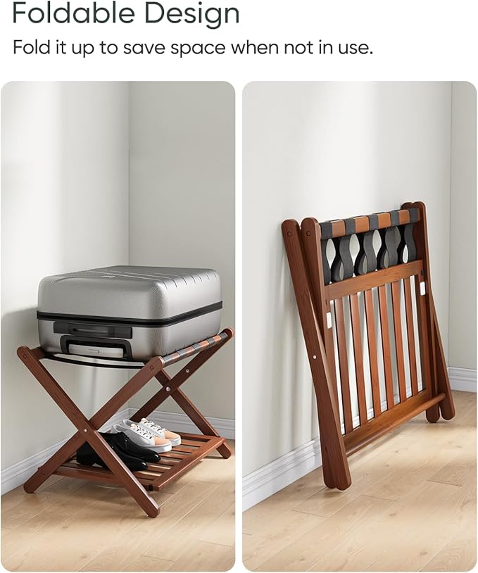 Fully Assembled Walnut Luggage Racks Set of 2, 5 Nylon Straps Folding Suitcase Stand, Bamboo Luggage Stands with Storage Shelf, Ideal for Guest Room, Bedroom, Hotel