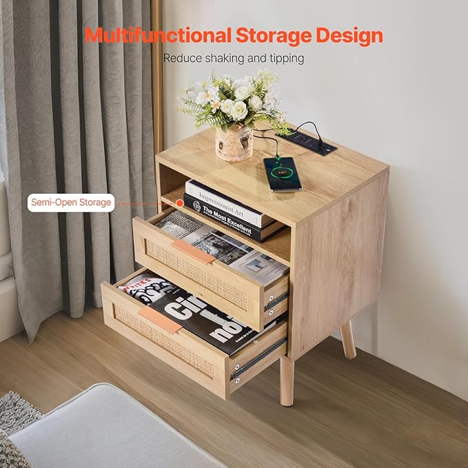 VEVOR Rattan Nightstand, Boho Bedside Table with Open Shelf 2 Drawers, End Table Nightstand with Solid Wood Legs, Rattan Bedside Table with Charging Station, for Bedroom