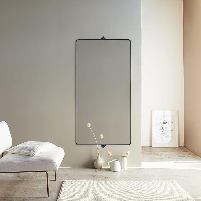 TEHOME 58 x 28'' Pivot Full Length Bathroom Vanity Mirror Matt Black Metal Framed Full Body Tilting Beveled Vanity Mirrors Wall Mounted Floor Pivoting Mirror for Bathroom, Living Room