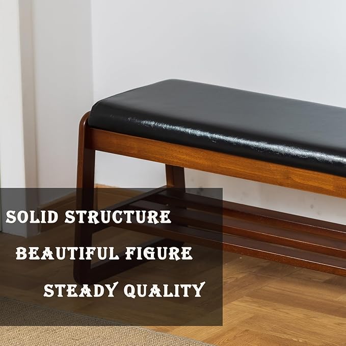 latifolia Solid Wood Bench, Entryway Shoe Bench with Cushion, 2 Tier Shoe Storage Organizer for Hallway, Living Room(Black,39.70''L)