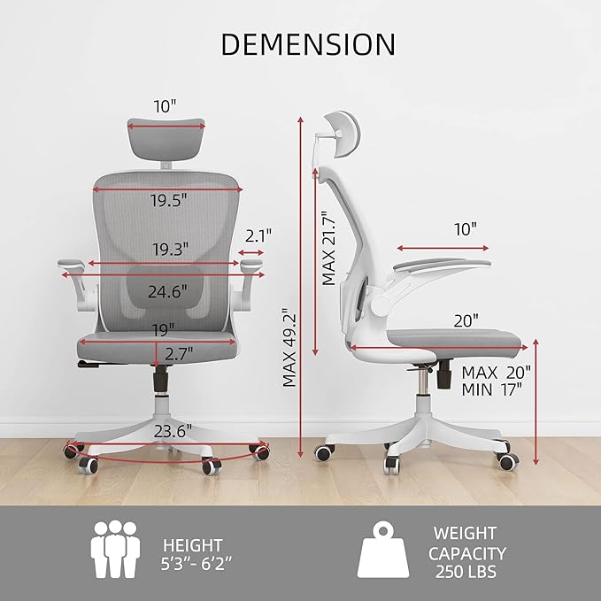 Monhey Office Chair Ergonomic Desk Chair with Lumbar Support&Headrest&Flip-up Arms Height Adjustable Rocking Swivel High Back Computer Chair Warm Taupe Mesh Study Chair (02White+Grey)