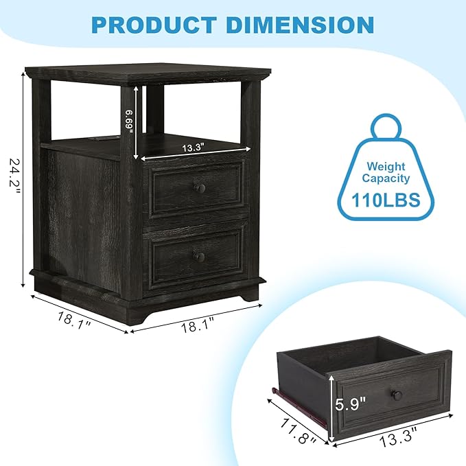 Vipbear Farmhouse Nightstand 18" Dark Gray End Table with Charging Station & 2 Drawers, Rustic Bedside Table with Storage Shelf for Bedroom, Living Room,18.1" D x 18.1" W x 24.2" H, Set of 2