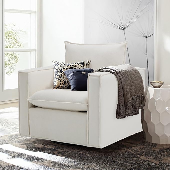 COLAMY Swivel Accent Chair Set of 2, 34 Inches Wide Upholstered Arm Chair with Plump Back Pillow, Modern Sofa Living Room Chair for Bedroom, Corner, Reading Nook-Beige