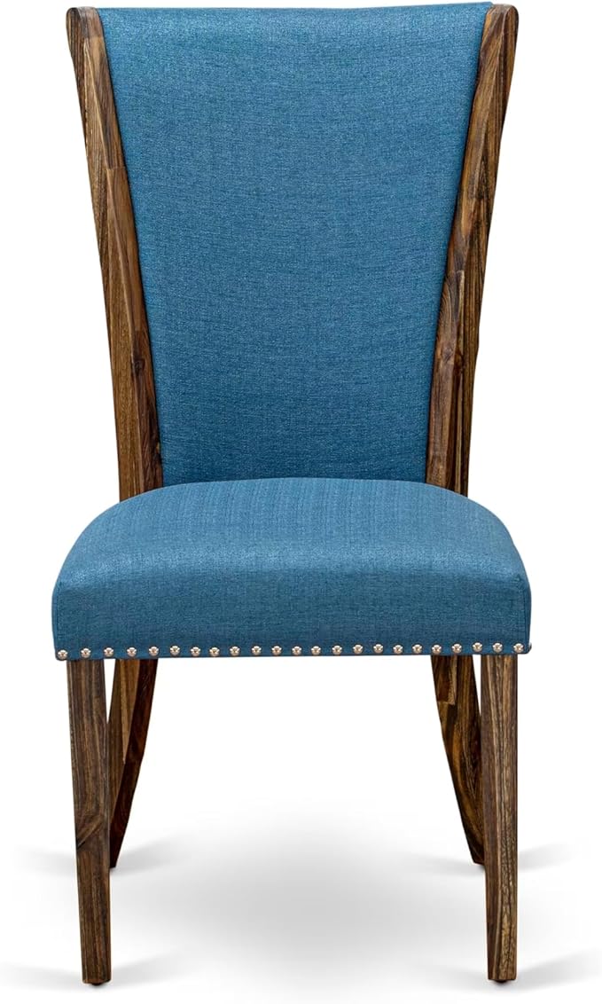 East West Furniture V727VE721-5 5 Piece Modern Dining Table Set Includes a Rectangle Wooden Table with V-Legs and 4 Blue Color Linen Fabric Upholstered Chairs, 40x72 Inch, Multi-Color