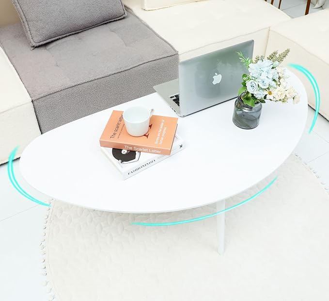 FIRMINANA Mid Century Modern Coffee Table,Large Oval White Coffee Table for Living Room,for Small Spaces,White-47.3" W x 23.63" D x 17.72" H