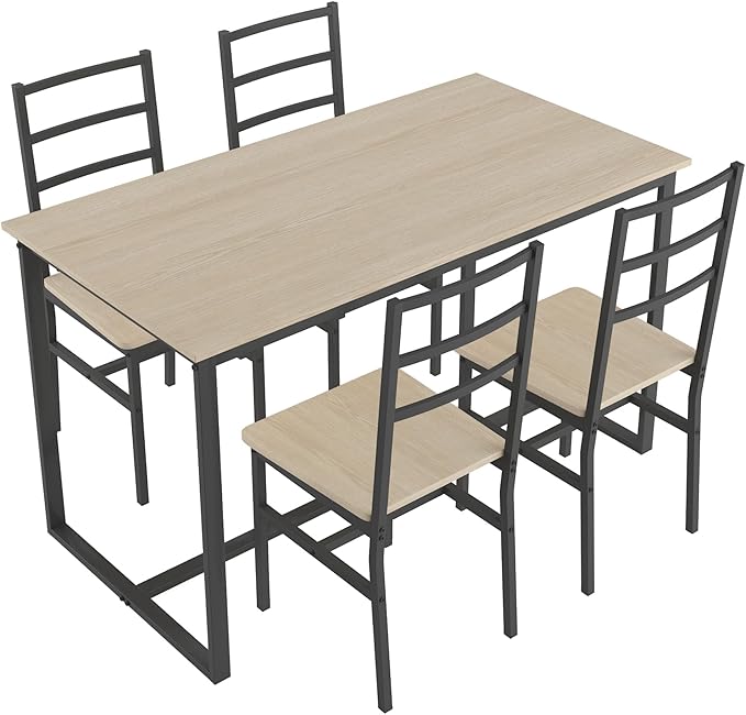 5-Piece Dining Table Set with 4 Chairs, 47.2" Kitchen Table Chairs Set of 4, Rectangular Industrial Style Dining Room Table Set with Backrest, Perfect for Small Space, Beige