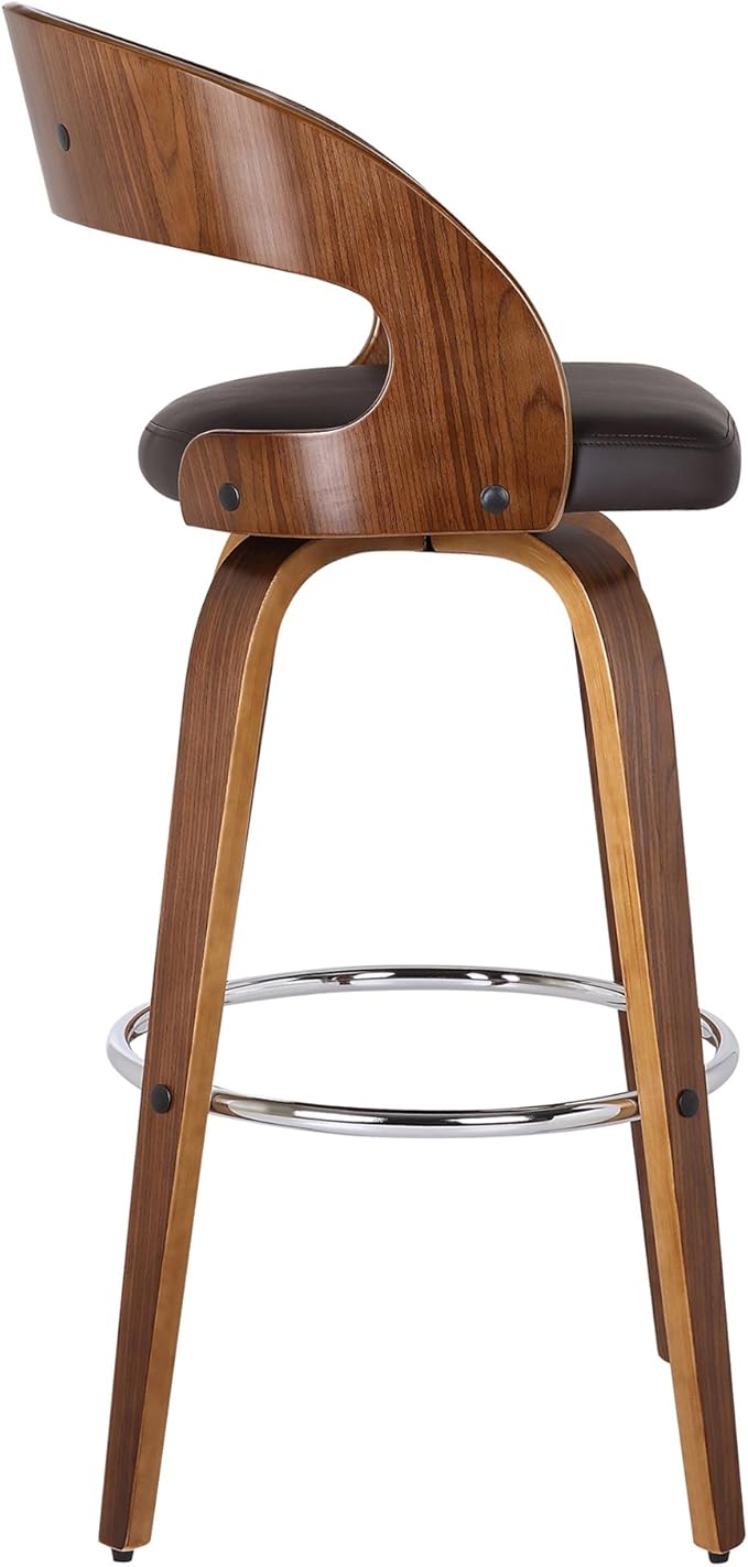Armen Living Shelly 30" Bar Height Swivel Brown Faux Leather and Walnut Wood Bar Stool - Set of 2