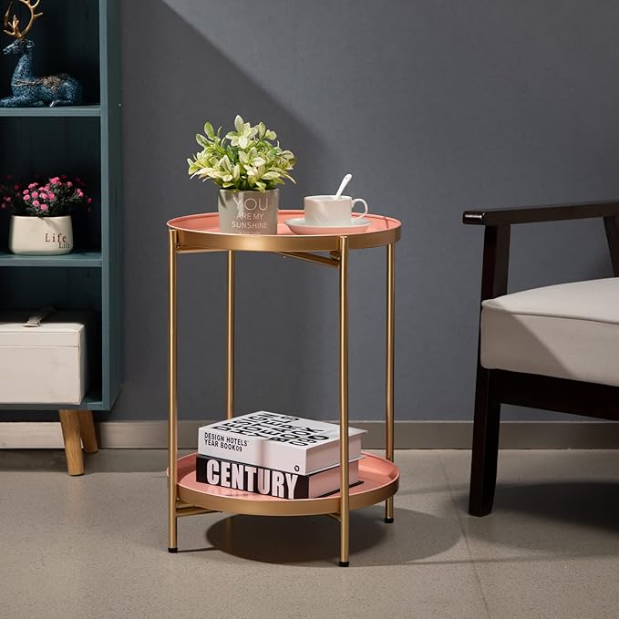HollyHOME 2-Tier Round Gold Side Table, Outdoor Small Folding Accent Stand with Removable Tray, Anti-Rust Metal Asional Table for Balcony Patio Living Room, Nightstand for Bedroom(Gold&Pink)