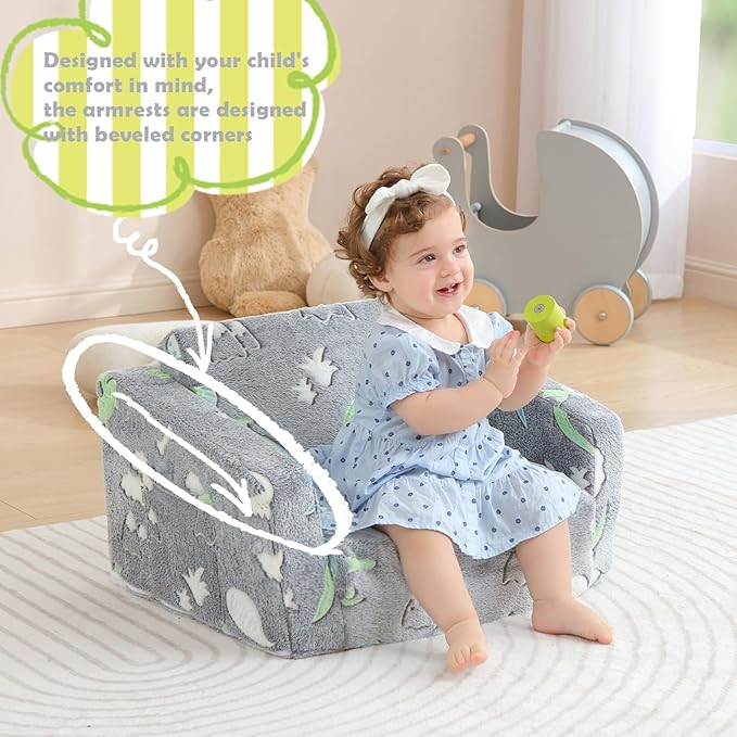 Toddler Couch Fold Out, Foldable Kids Couch with Blanket, Flip Out Toddler Chair, Foam Sofa for Girls & Boys, Convertible Sofa to Lounger for Children Age 1-3 (Glow Dino Grey)