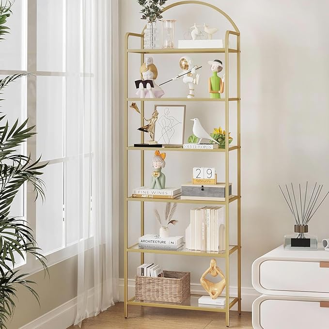 Bookcase Bookshelf, Tempered Glass Bookshelves, Slim Shelving Unit for Bedroom, Bathroom, Home Office, Steel Frame, 6 Tier Gold BC21699G