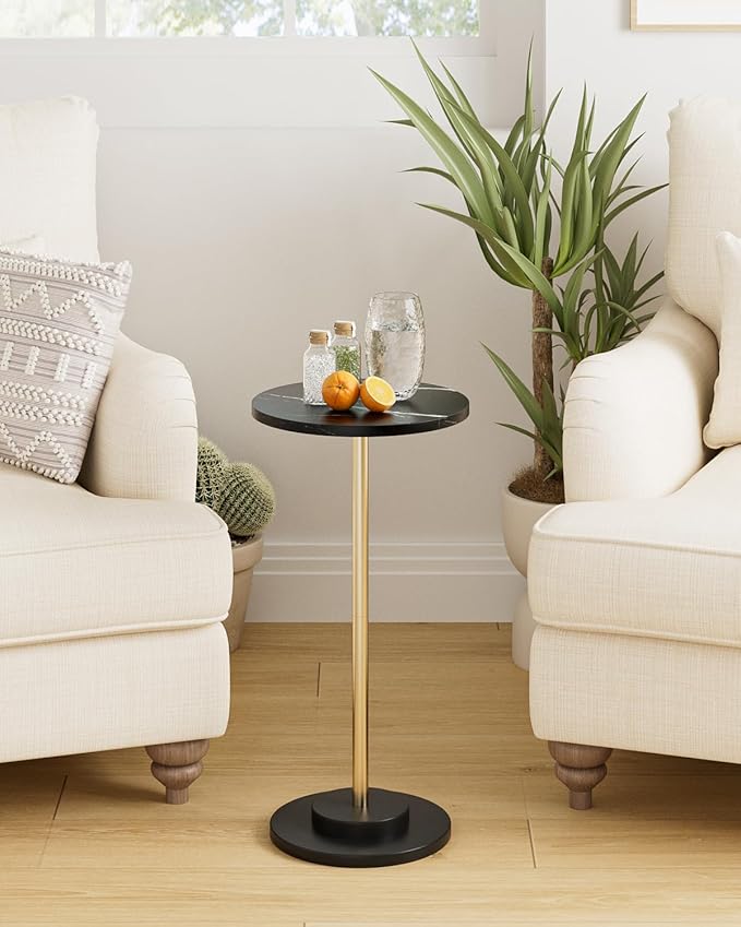 Round Side Table, Small Drink Table for Small Spaces, Modern Accent End Table Coffee Table with Metal Leg for Living Room, Bedroom, Corners, and Office (Black Marble)