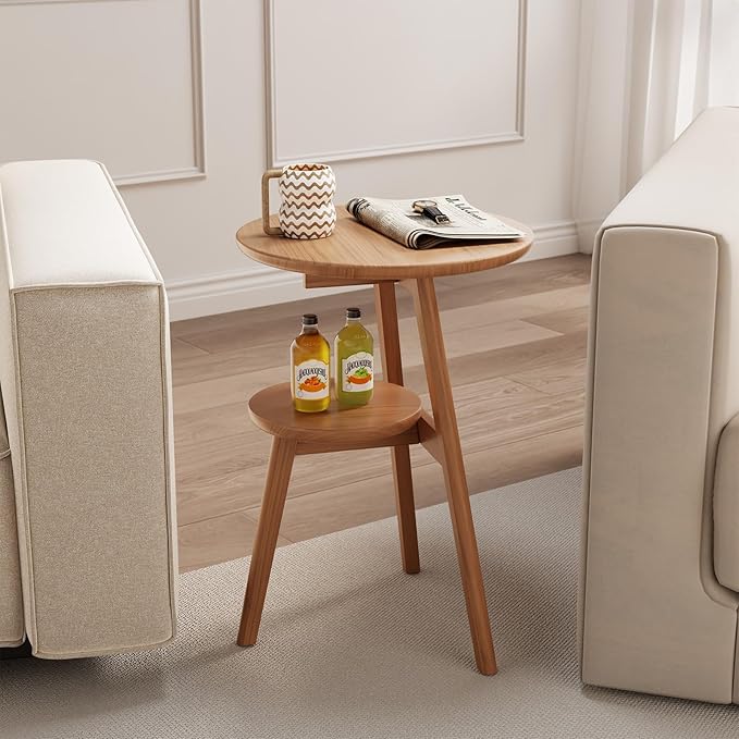 Small End Table Round End Table,Solid Wood Round Side Table with Lower Shelf，Nightstand for Small Spaces,Living Room,Bedroom(Cherry Color)