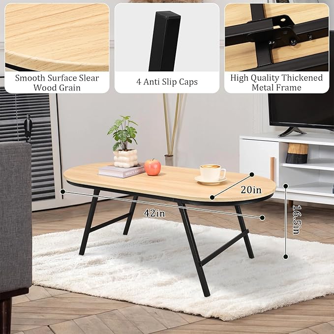 Foldable Coffee Table Natural Wood Oval Coffee Tables No Assembly Portable Floor Table Desk for Sitting on The Floor Low Coffee Table for Small Spaces Living Room Outdoor Use