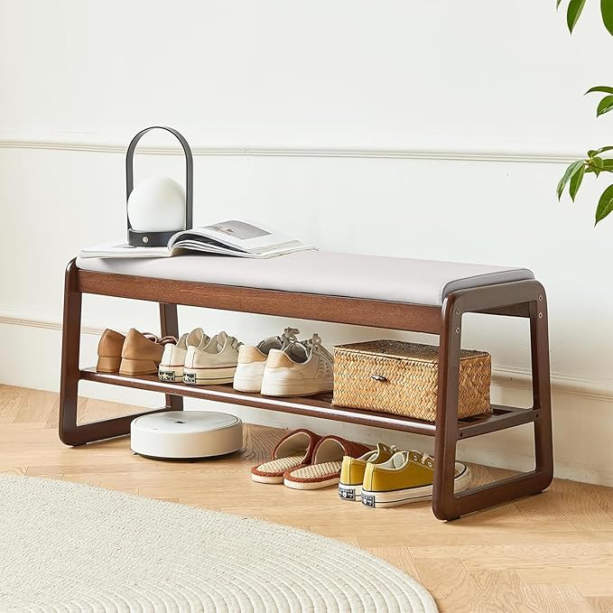 Solid Wood Shoe Bench, 2-Tier Wooden Storage Entryway Bench, Small Entryway Bench, Mid-Century Modern Bedside Bench with Faux Leather Cushion for Dining Room Living Room, Cream Grey 21.65''