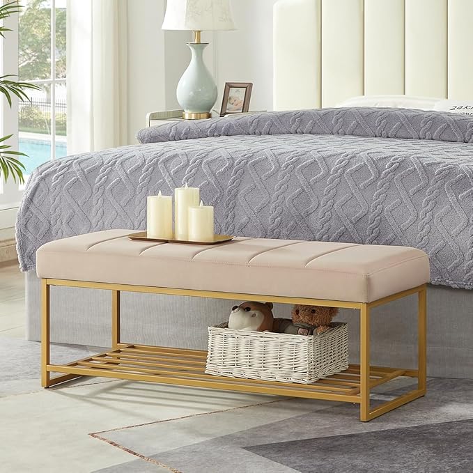 24KF Taupe Velvet Upholstered End of Bed Bench with Metal Shelf, Modern Tufted Channel Entryway Bench Footboard Bench for Living Room, Bedroom, Gold Bench,5036-Taupe