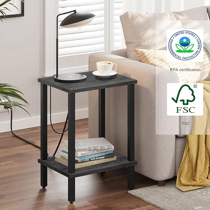 TUTOTAK End Table, Side Table, Nightstand, 2-Tier Storage Shelf, Sofa Table for Small Space, Living Room, Bed Room, Charcoal Grey TB01BY034
