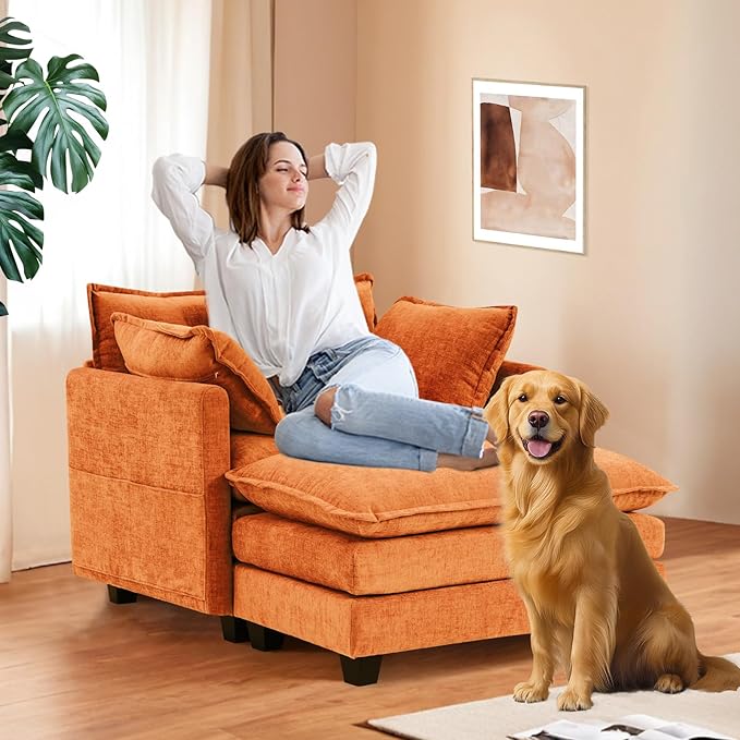 Furniliving Oversized Accent Chair with Ottoman, Luxury Chenille Single Sofa, Upholstered Deep Seat Chaise Lounge with Pillows for Living Room, Bedroom, Apartment, Orange