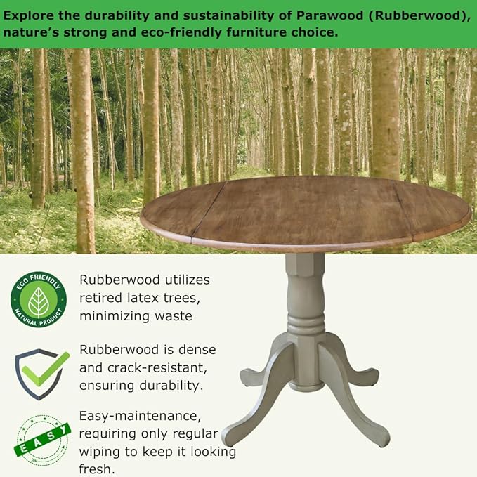 IC International Concepts, 42" Round Dual Drop Leaf Pedestal Dining Table, Solid Real Wood, Sturdy Parawood, Distressed Hickory/Stone