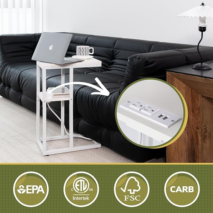 Yoobure C Shaped End Table with Charging Station, Small Side Tables for Living Room Bedroom, Sofa Table with USB Ports and Outlets for Small Spaces, Rustic Bed Side Table