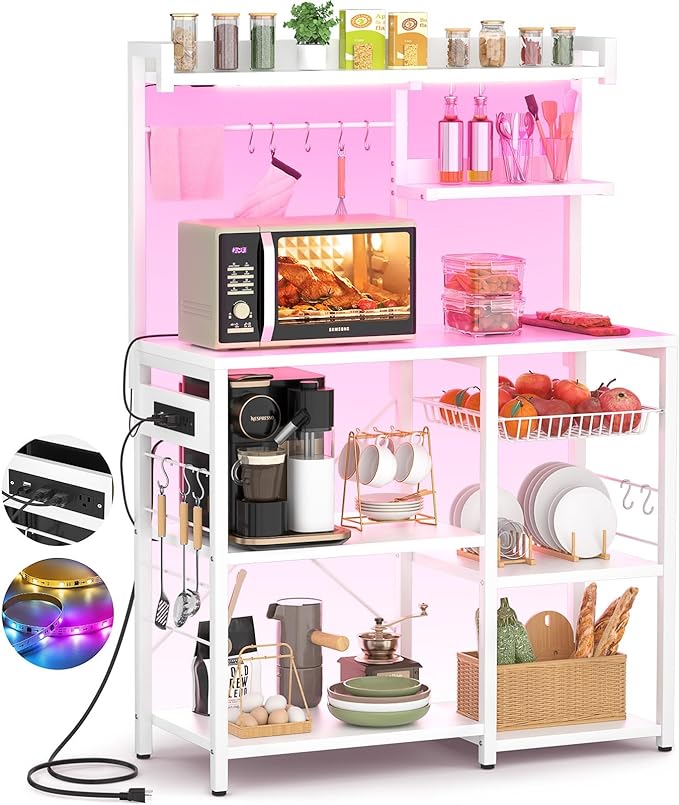 Aheaplus Bakers Rack with Power Outlet and LED Light Strings, Microwave Oven Stand Kitchen Storage Shelf with Wire Basket, Coffee Bar Station Island Table with 10 Hooks for Spices, Pots, Pans, White