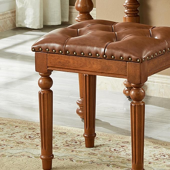 Vanity Bench Stool with Microfiber Leather Cushion, Vanity Chair Ottoman Dressing Stool with Solid Wood Legs for Bedroom, Makeup Room, Dressing Room (Brown)