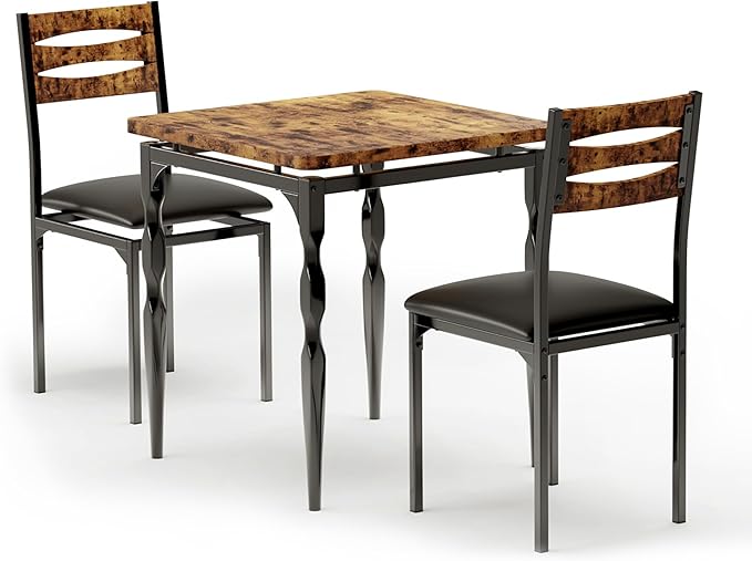 GarveeHome Dining Table Set for 2, Dining Table and Chairs Set of 2, 3 Piece Dining Table Set with Spiral Table Legs for Small Spaces, Kitchen, Apartment, Brown