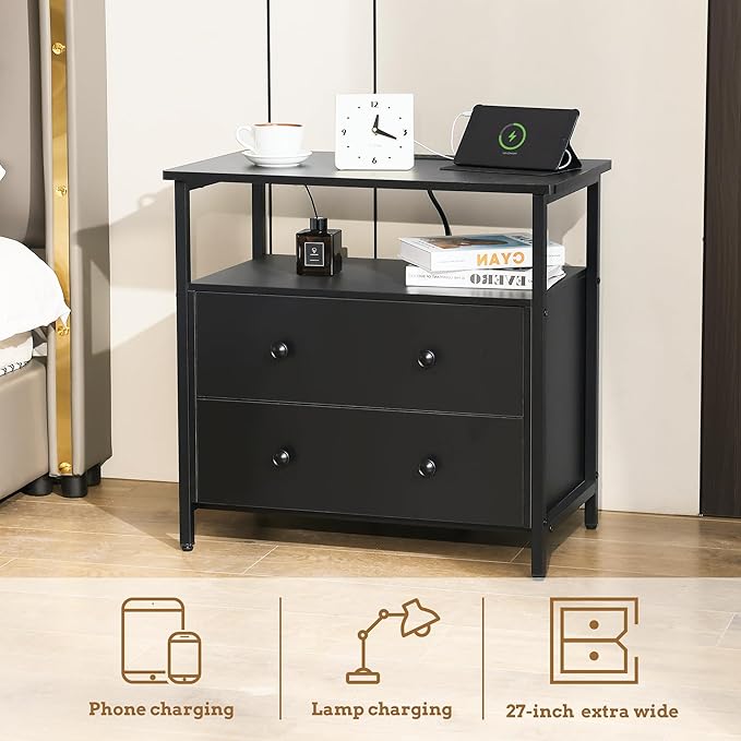 27 inch Wide Nightstand with Charging Station, Bedside Table with Open Shelf, 2 Drawers Small Wood Dresser, End Side Table for Bedroom (Black)