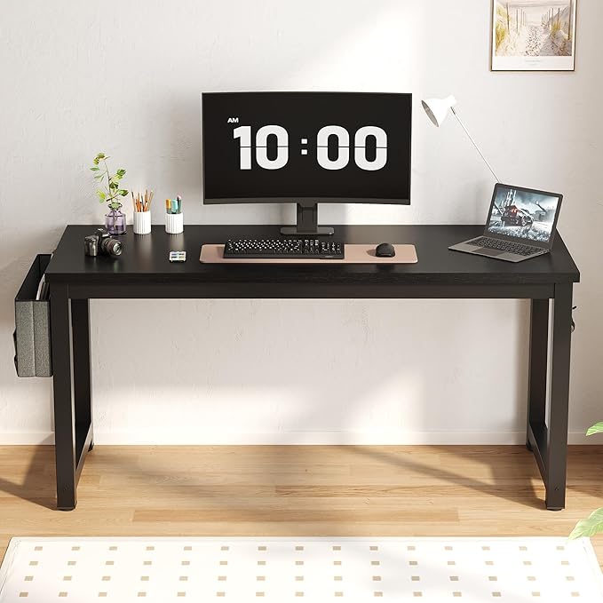 Large Computer Desk - 63 Inch Home Office Desks Study Student Writing Table Gaming Desk Wood Modern Simple Table with Storage Bag & Headphone Hooks, Black